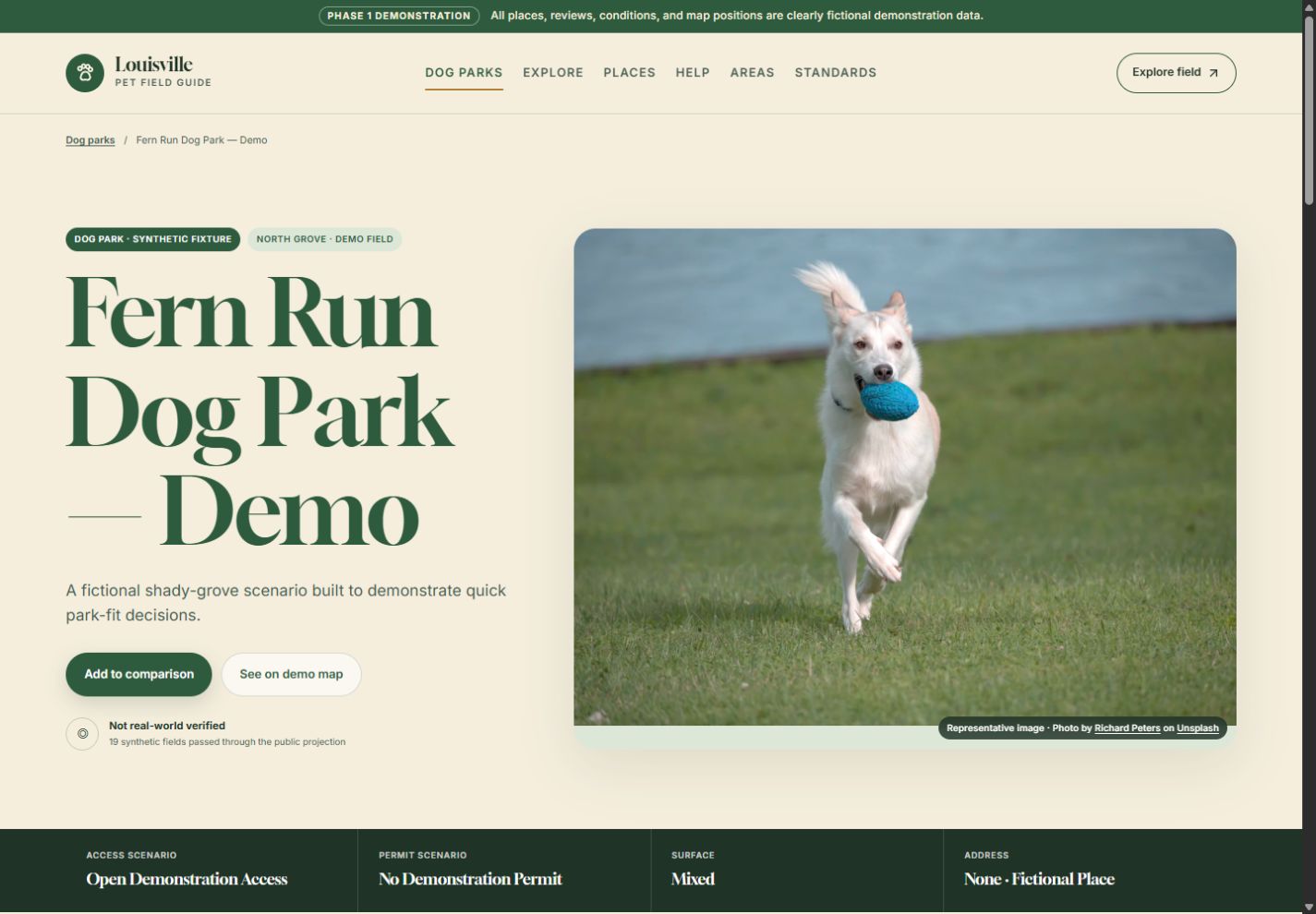 Demonstration dog park profile on desktop