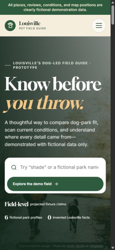 Louisville Pet Field Guide homepage on mobile