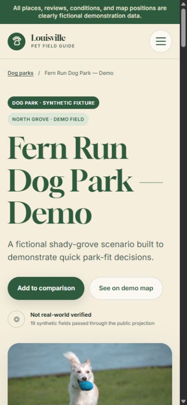 Demonstration dog park profile on mobile