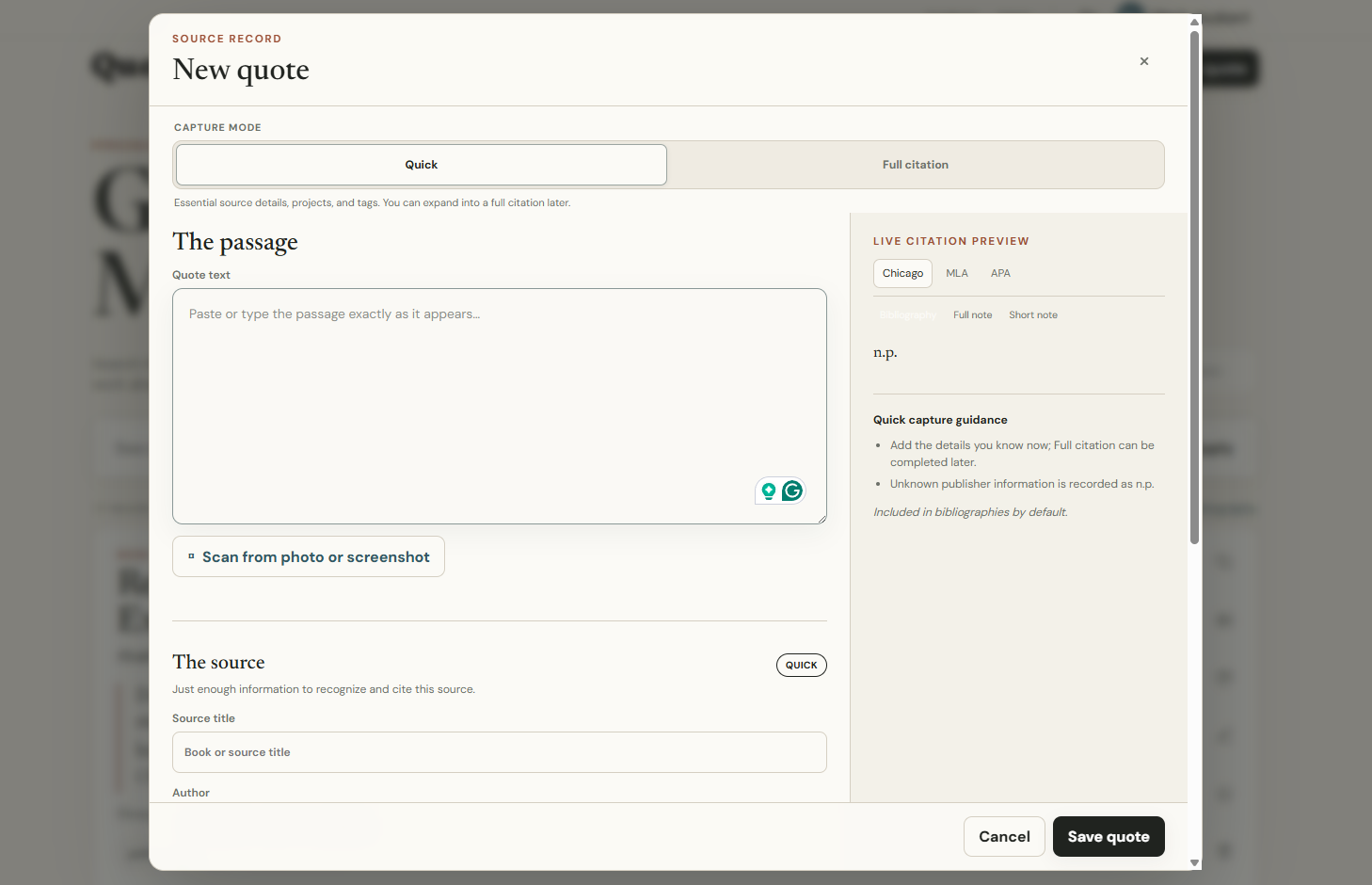 Quote capture and live citation preview