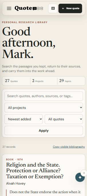 QuoteBib research library on mobile