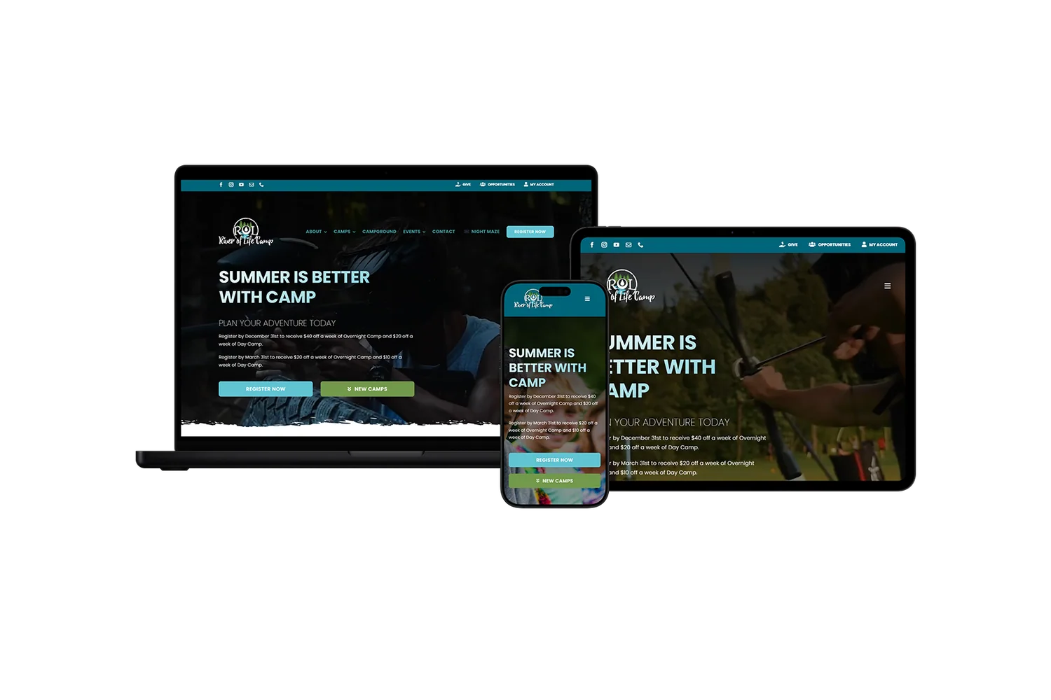 Responsive website presentation for River of Life Camp