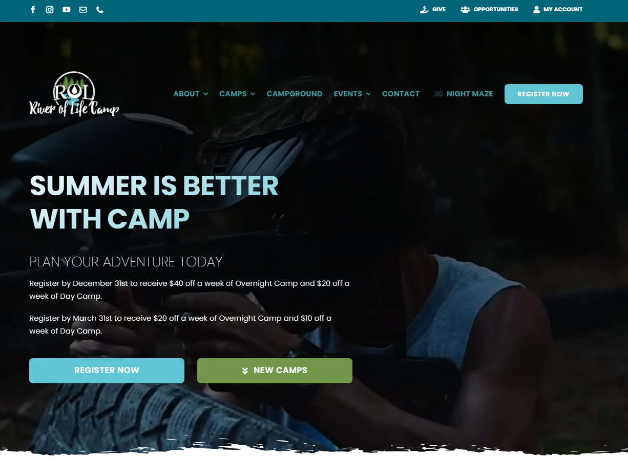 River of Life Camp homepage on desktop