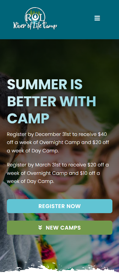 River of Life Camp homepage on mobile